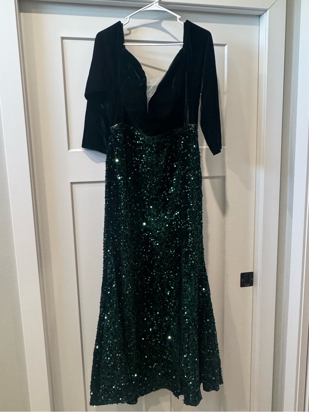 SHEIN Dark Green Velvet & Sequin Long Sleeve Evening Gown